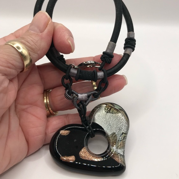 Unique Black and Silver Dichroic Glass Heart Pendant Necklace - Picture 9 of 9